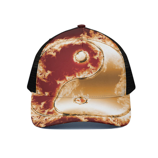Flaming Yin Yang Print Black Mesh Trucker Cap
