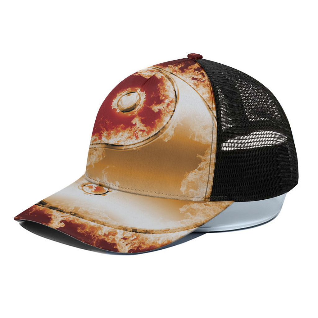 Flaming Yin Yang Print Black Mesh Trucker Cap