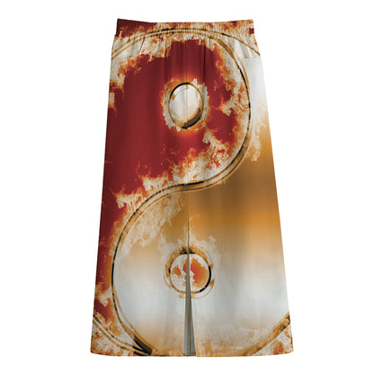 Flaming Yin Yang Print Cotton Front Slit Maxi Skirt