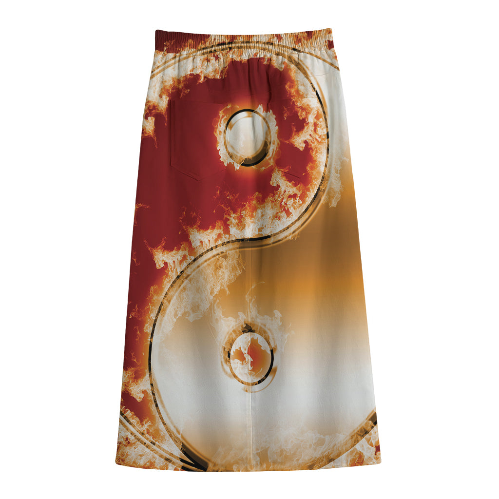 Flaming Yin Yang Print Cotton Front Slit Maxi Skirt