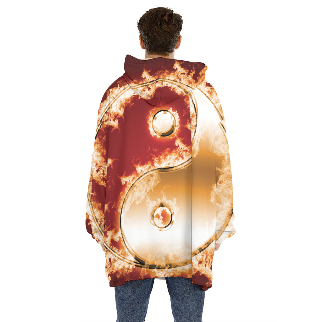 Flaming Yin Yang Print Hoodie Blanket
