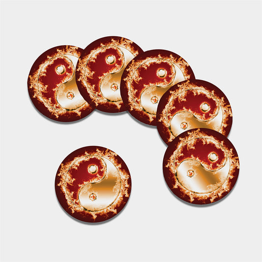 Flaming Yin Yang Print Leather Coaster Set