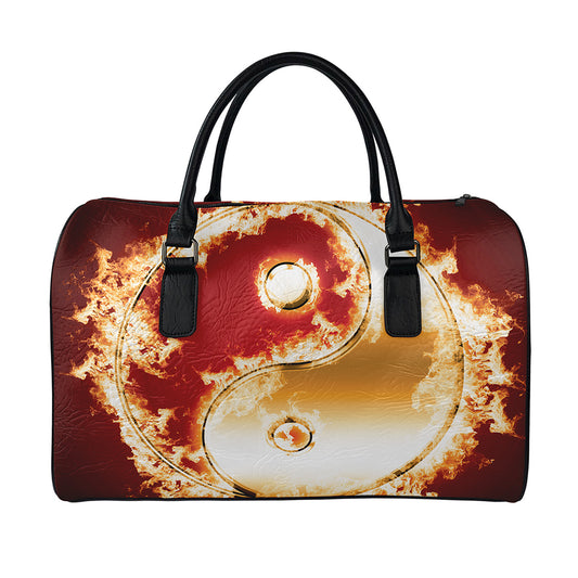 Flaming Yin Yang Print Leather Duffle Bag
