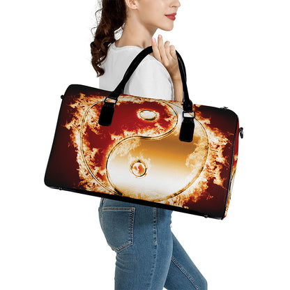 Flaming Yin Yang Print Leather Duffle Bag