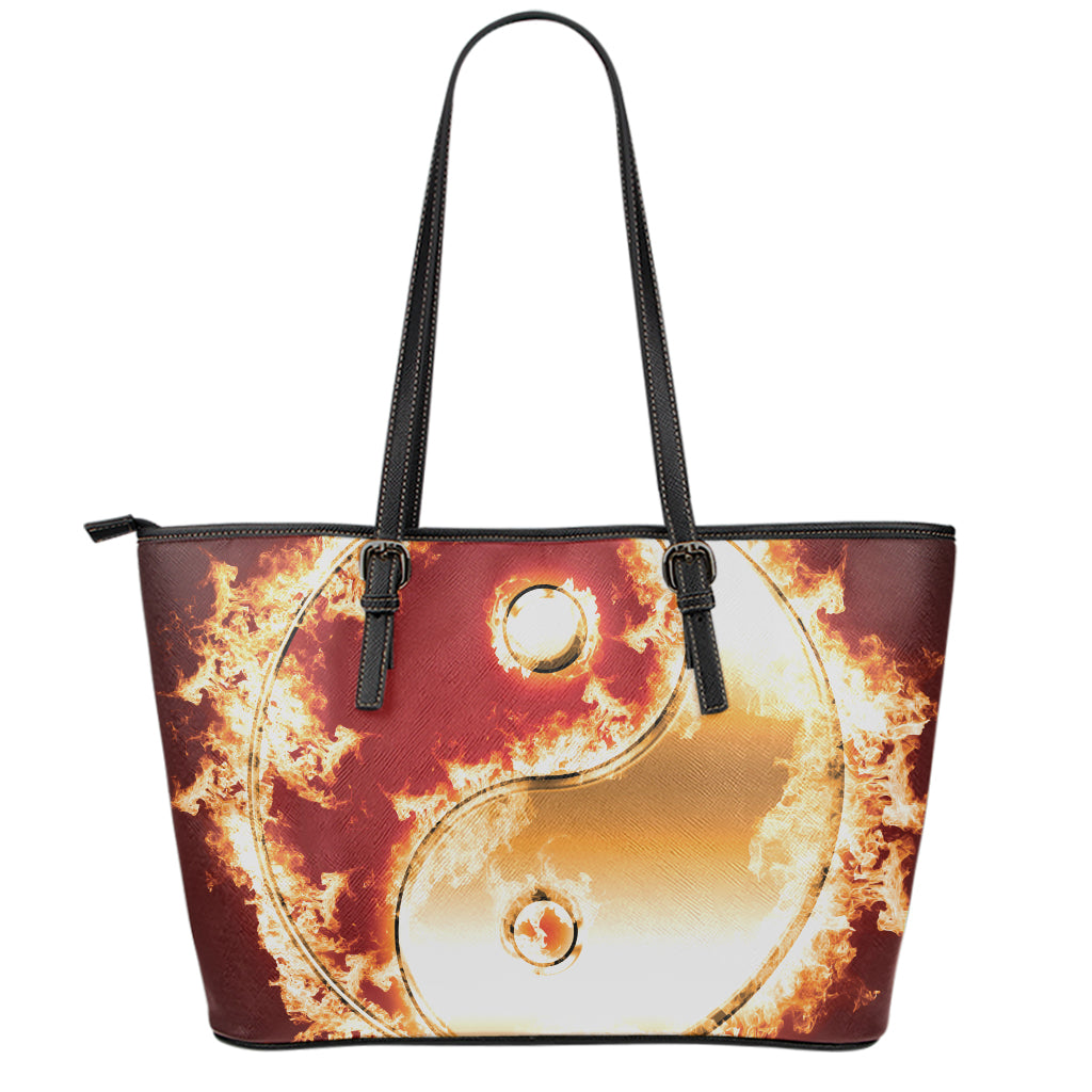 Flaming Yin Yang Print Leather Tote Bag
