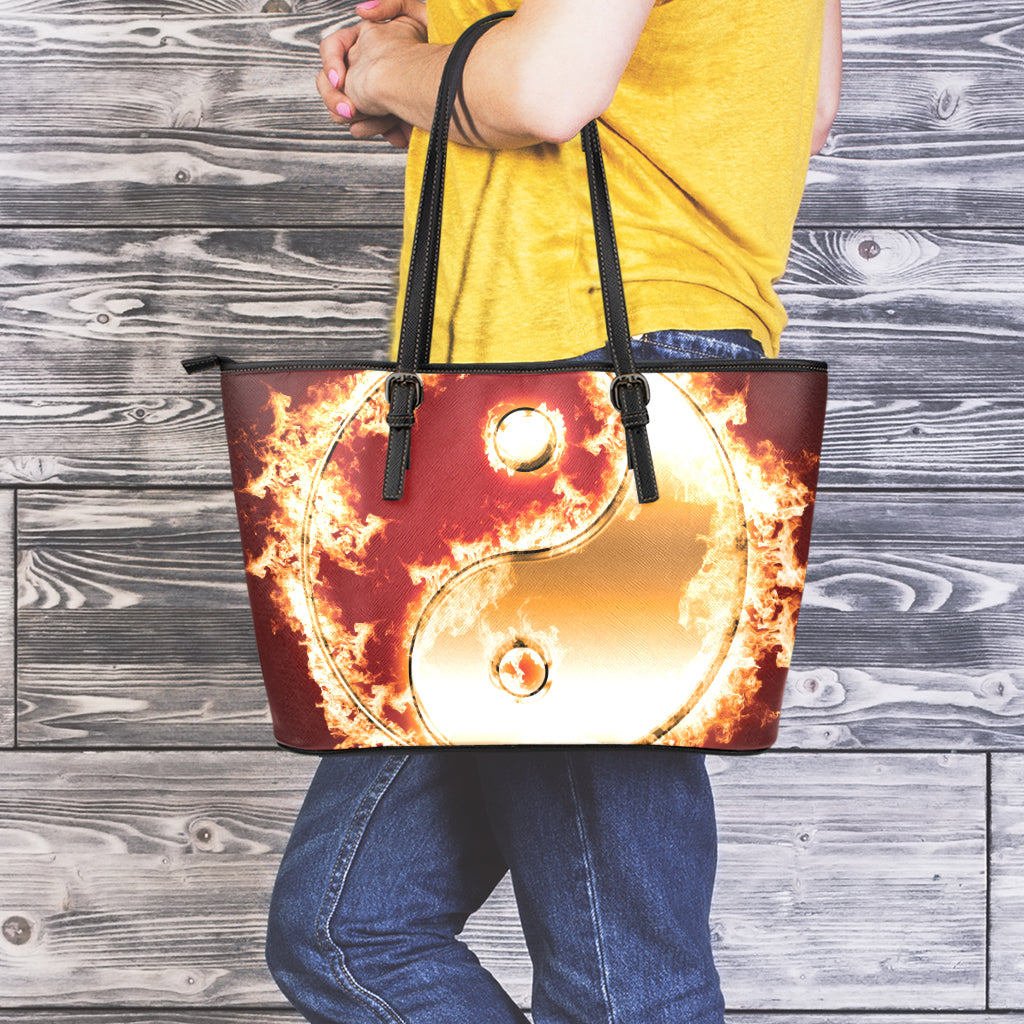 Flaming Yin Yang Print Leather Tote Bag