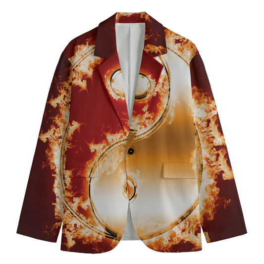 Flaming Yin Yang Print Men's Cotton Blazer