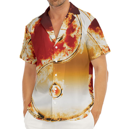 Flaming Yin Yang Print Men's Deep V-Neck Shirt
