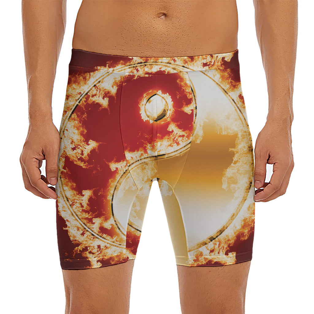 Flaming Yin Yang Print Men's Long Boxer Briefs
