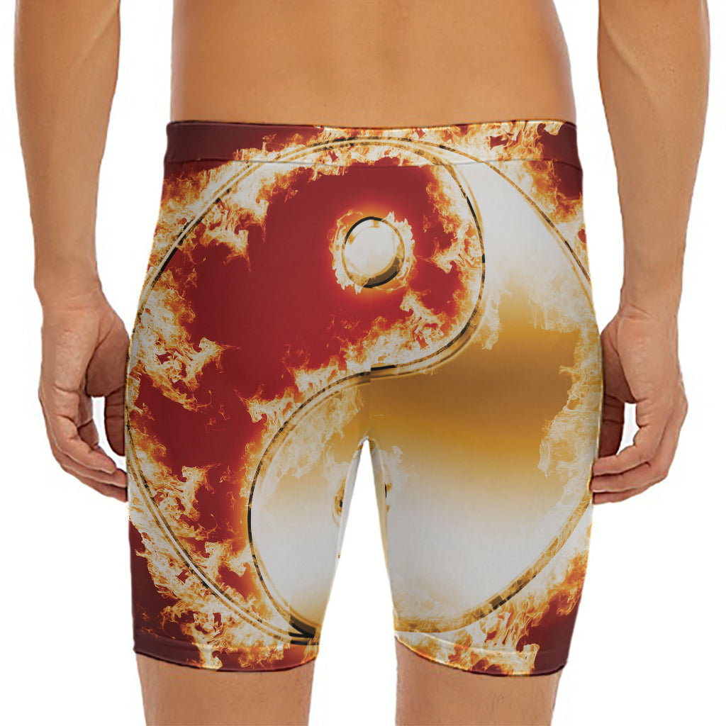 Flaming Yin Yang Print Men's Long Boxer Briefs