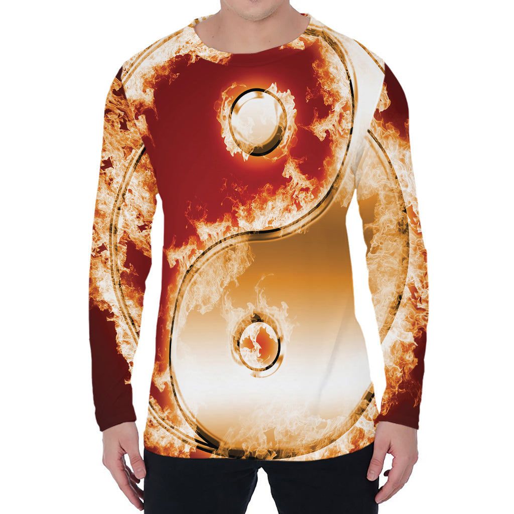Flaming Yin Yang Print Men's Long Sleeve T-Shirt