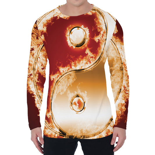 Flaming Yin Yang Print Men's Long Sleeve T-Shirt