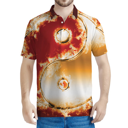Flaming Yin Yang Print Men's Polo Shirt