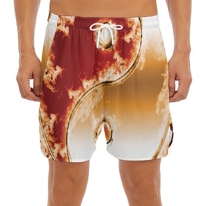 Flaming Yin Yang Print Men's Split Running Shorts
