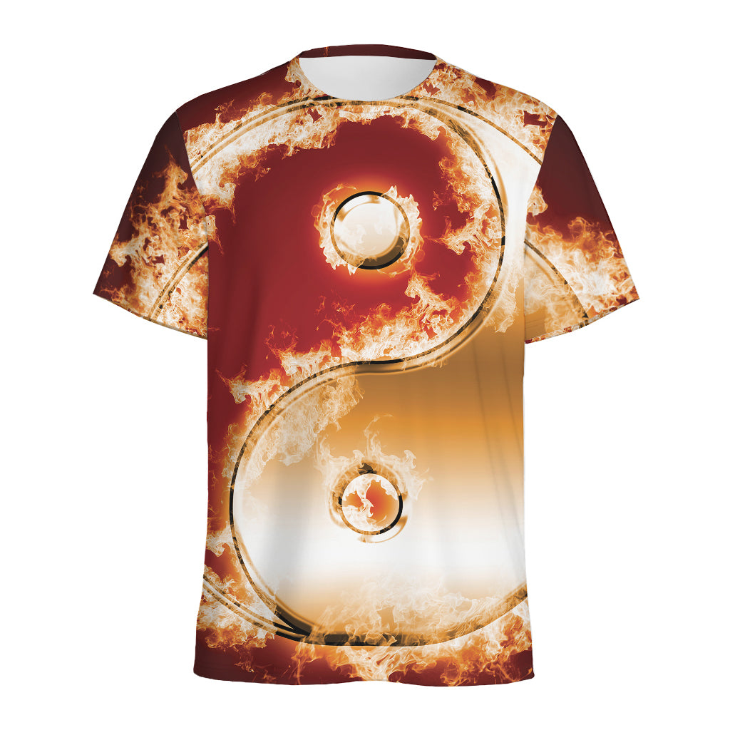 Flaming Yin Yang Print Men's Sports T-Shirt
