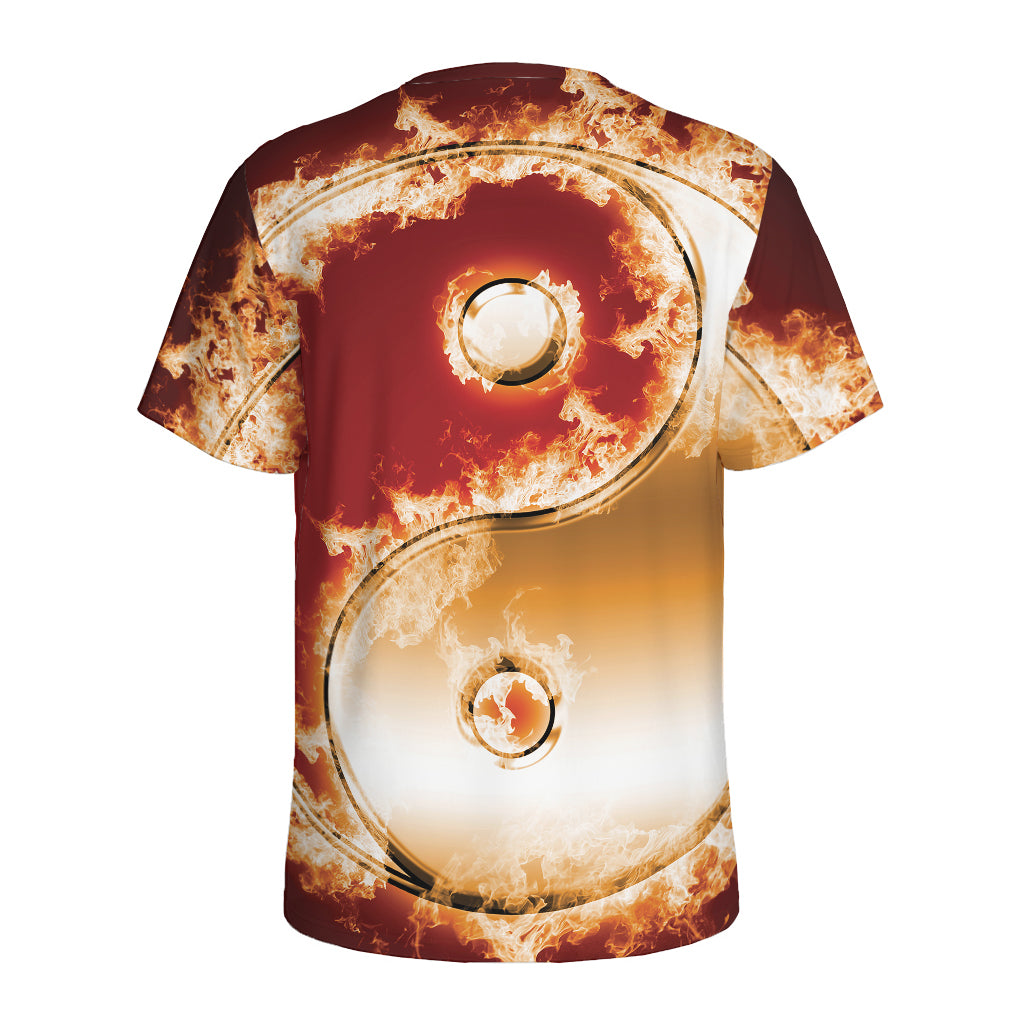 Flaming Yin Yang Print Men's Sports T-Shirt