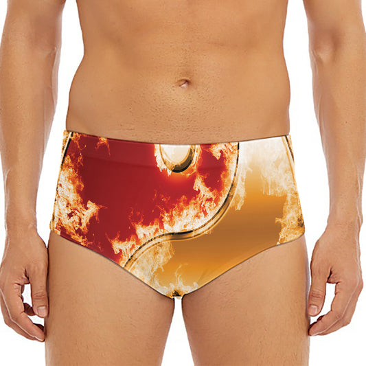 Flaming Yin Yang Print Men's Triangle Swim Briefs
