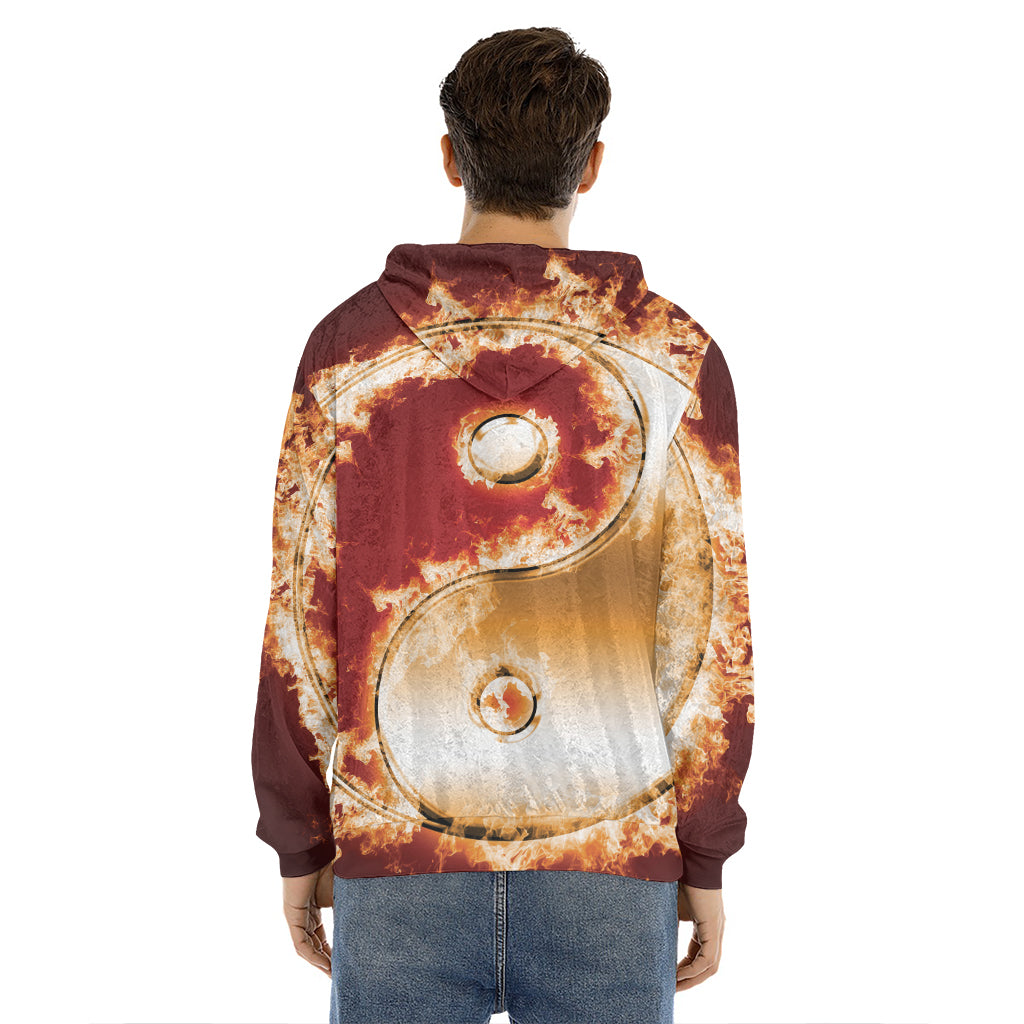 Flaming Yin Yang Print Men's Velvet Pullover Hoodie