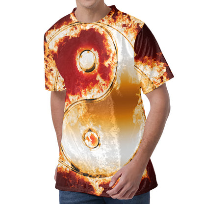 Flaming Yin Yang Print Men's Velvet T-Shirt