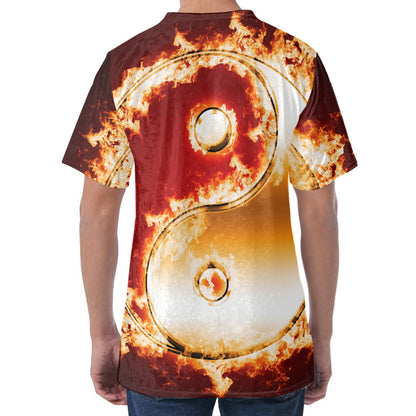 Flaming Yin Yang Print Men's Velvet T-Shirt