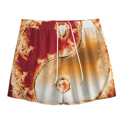 Flaming Yin Yang Print Mesh Shorts