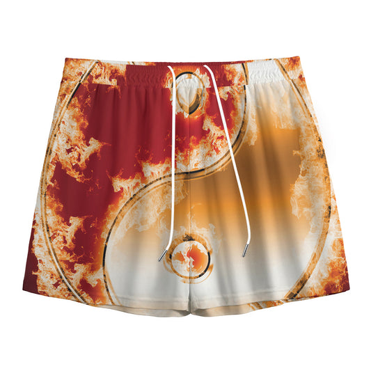 Flaming Yin Yang Print Mesh Shorts