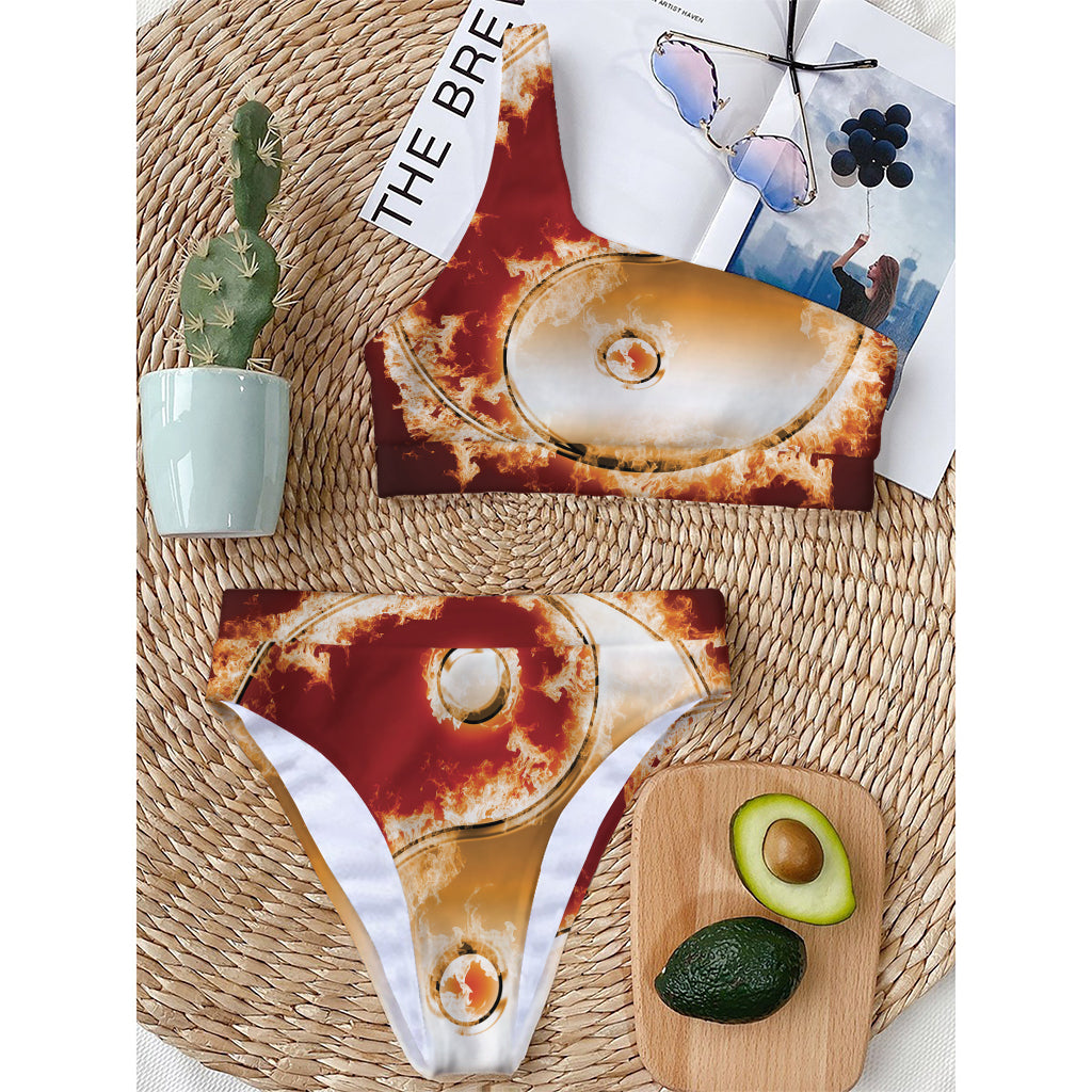 Flaming Yin Yang Print One Shoulder Bikini Top