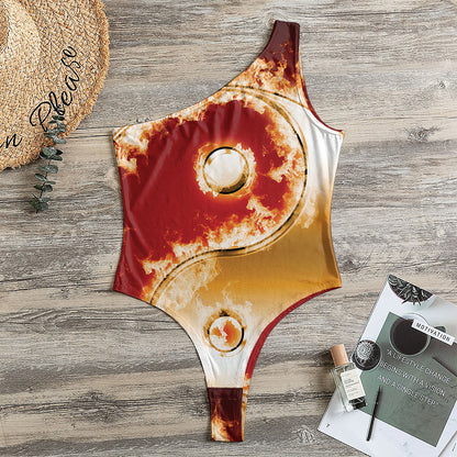 Flaming Yin Yang Print One Shoulder Bodysuit