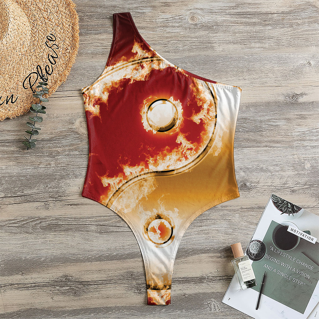 Flaming Yin Yang Print One Shoulder Bodysuit