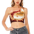 Flaming Yin Yang Print One Shoulder Crop Top