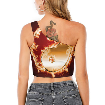 Flaming Yin Yang Print One Shoulder Crop Top