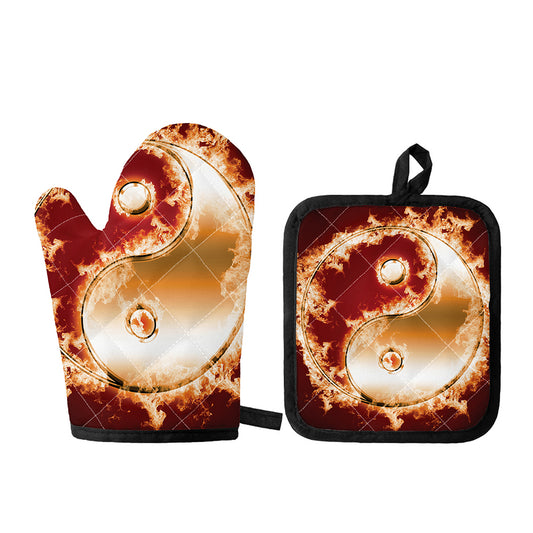 Flaming Yin Yang Print Oven Mitt And Pot Holder Set