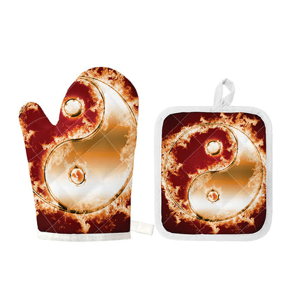 Flaming Yin Yang Print Oven Mitt And Pot Holder Set