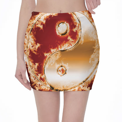 Flaming Yin Yang Print Pencil Mini Skirt