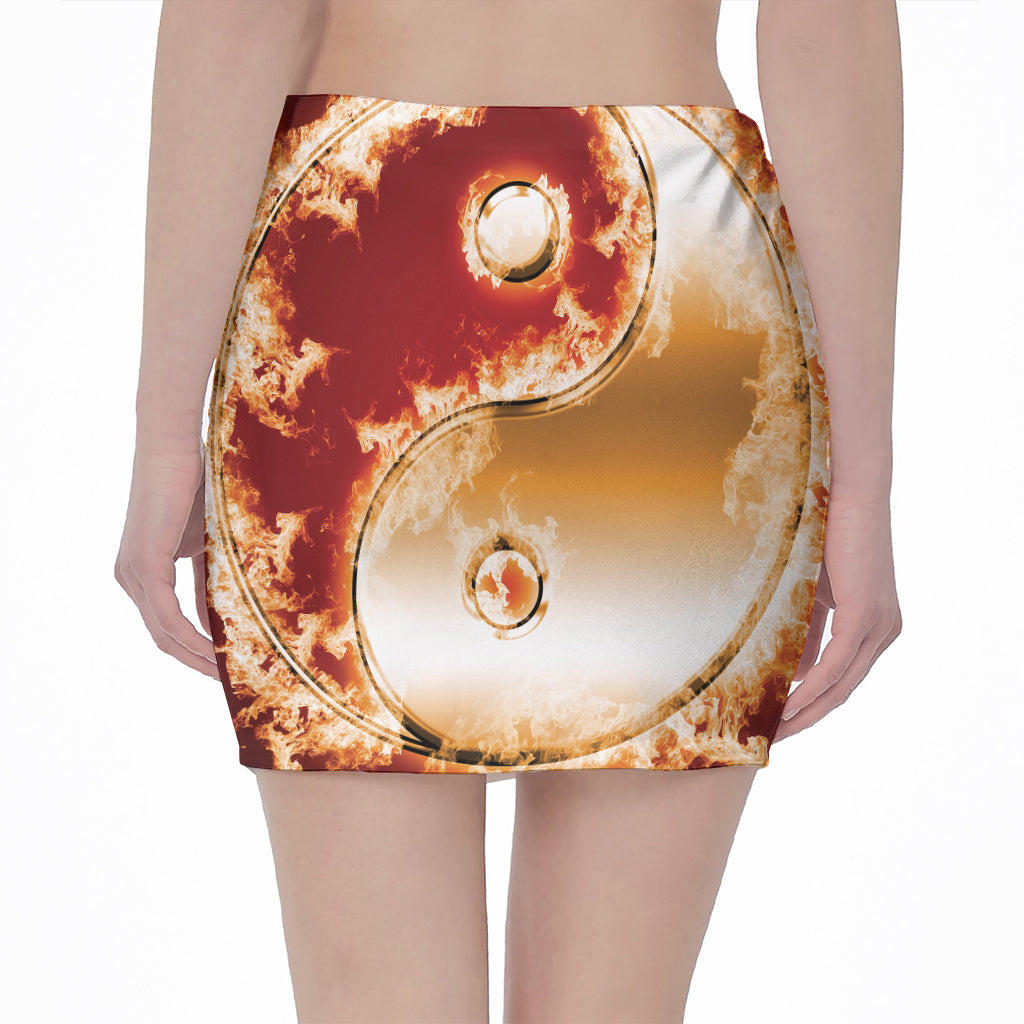 Flaming Yin Yang Print Pencil Mini Skirt