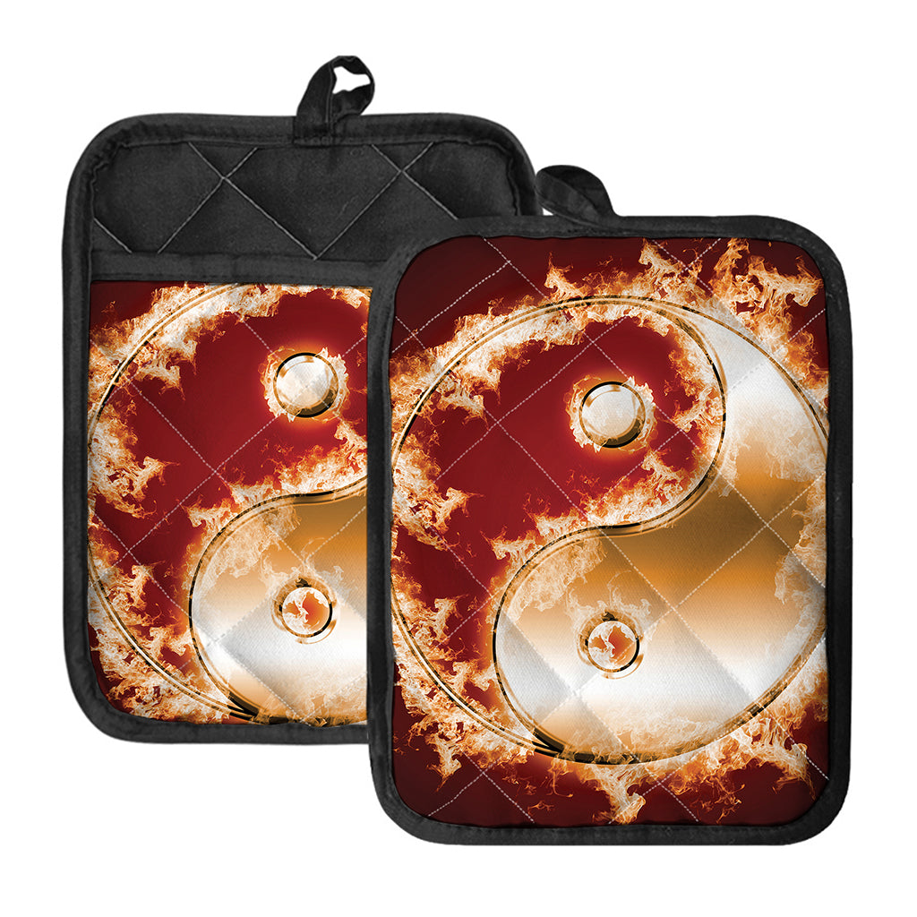 Flaming Yin Yang Print Pot Holders With Pocket