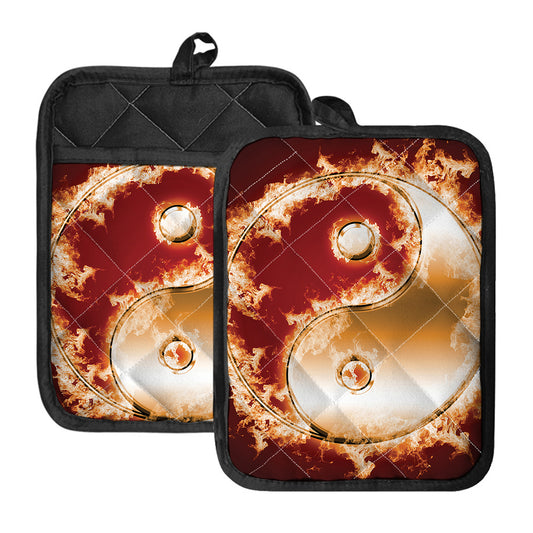 Flaming Yin Yang Print Pot Holders With Pocket