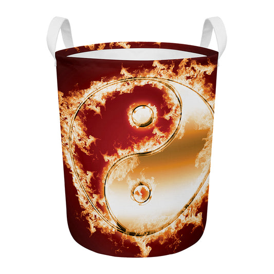 Flaming Yin Yang Print Round Laundry Basket