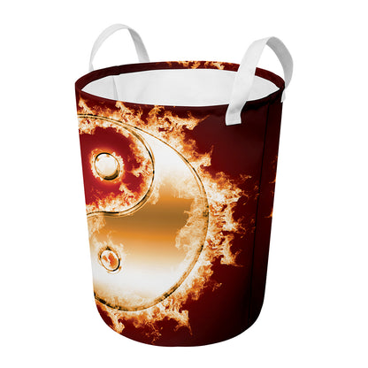 Flaming Yin Yang Print Round Laundry Basket