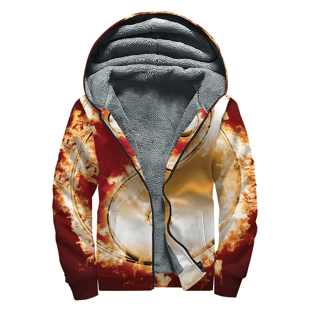 Flaming Yin Yang Print Sherpa Lined Zip Up Hoodie
