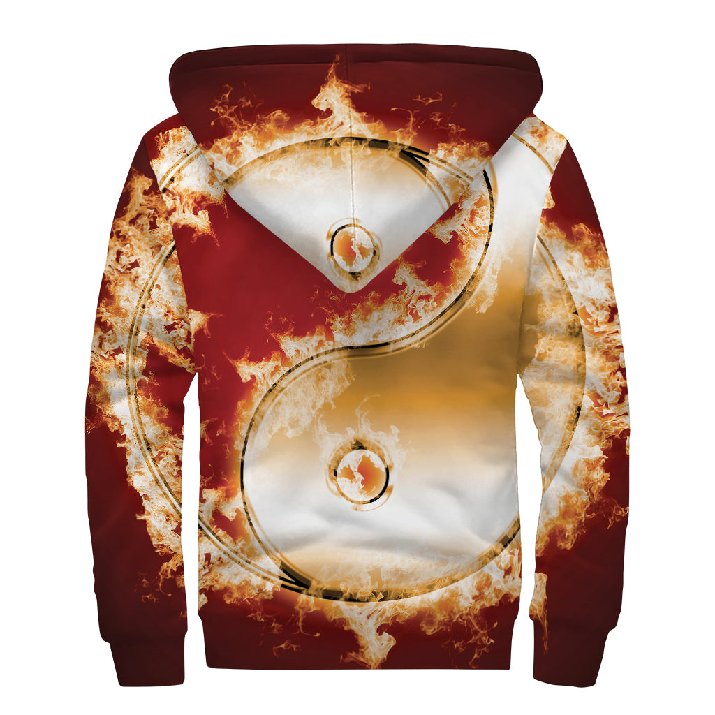 Flaming Yin Yang Print Sherpa Lined Zip Up Hoodie