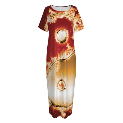Flaming Yin Yang Print Short Sleeve Long Nightdress