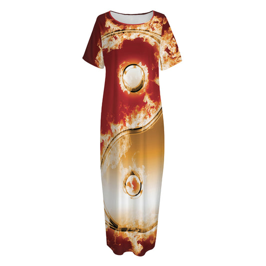 Flaming Yin Yang Print Short Sleeve Long Nightdress