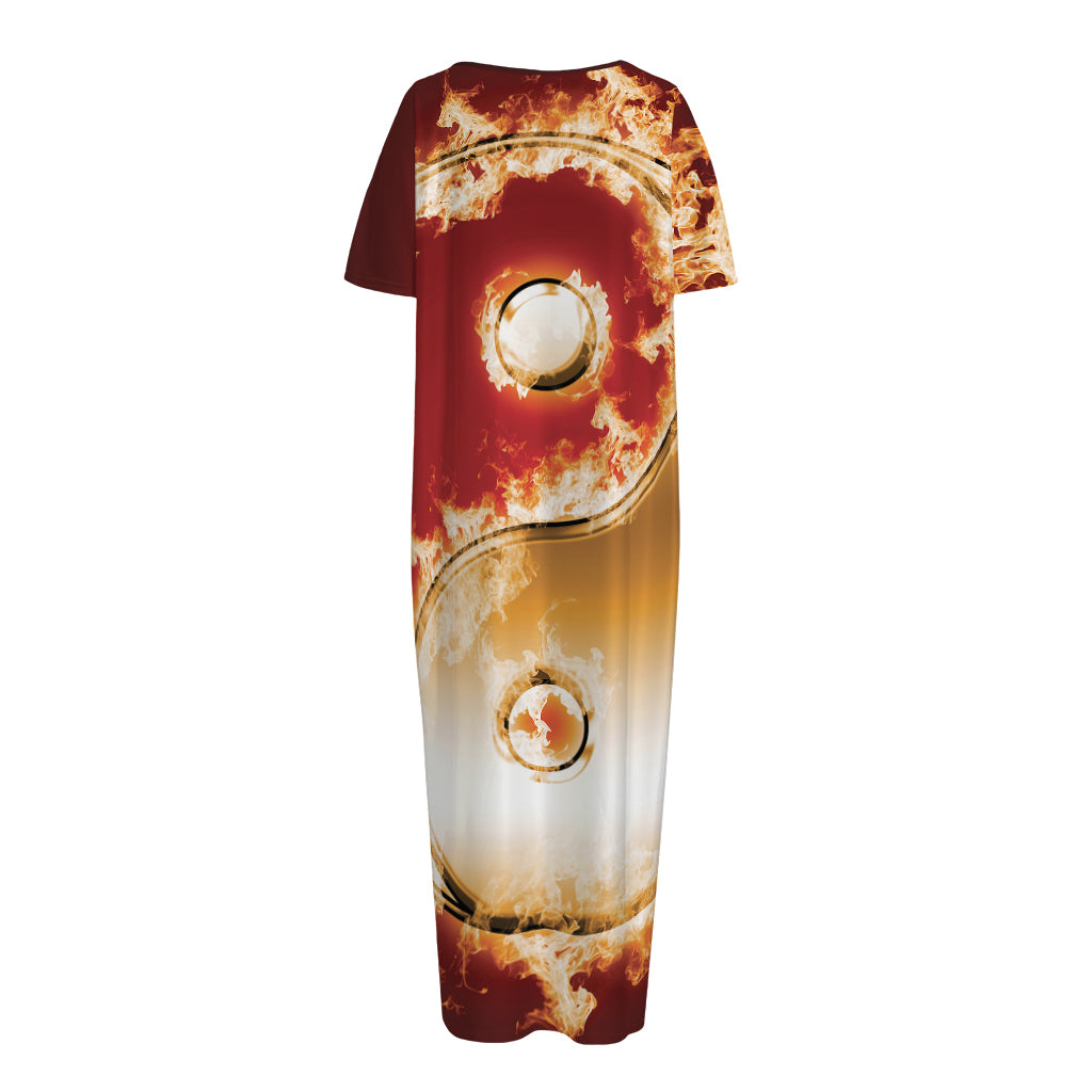 Flaming Yin Yang Print Short Sleeve Long Nightdress