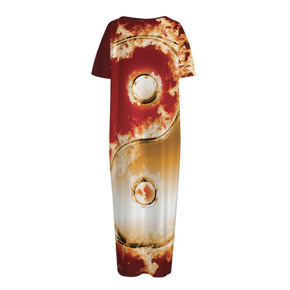 Flaming Yin Yang Print Short Sleeve Long Nightdress
