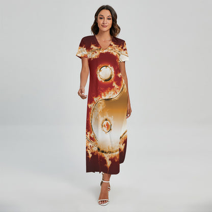 Flaming Yin Yang Print Short Sleeve Maxi Dress