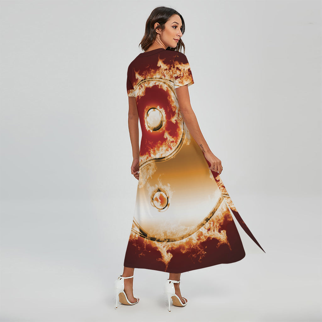Flaming Yin Yang Print Short Sleeve Maxi Dress