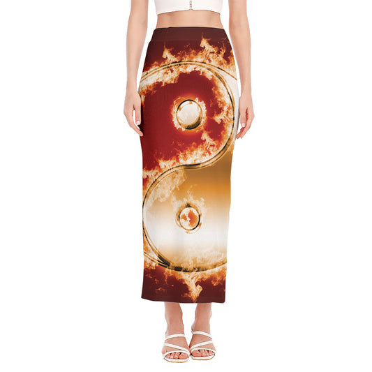 Flaming Yin Yang Print Side Slit Maxi Skirt