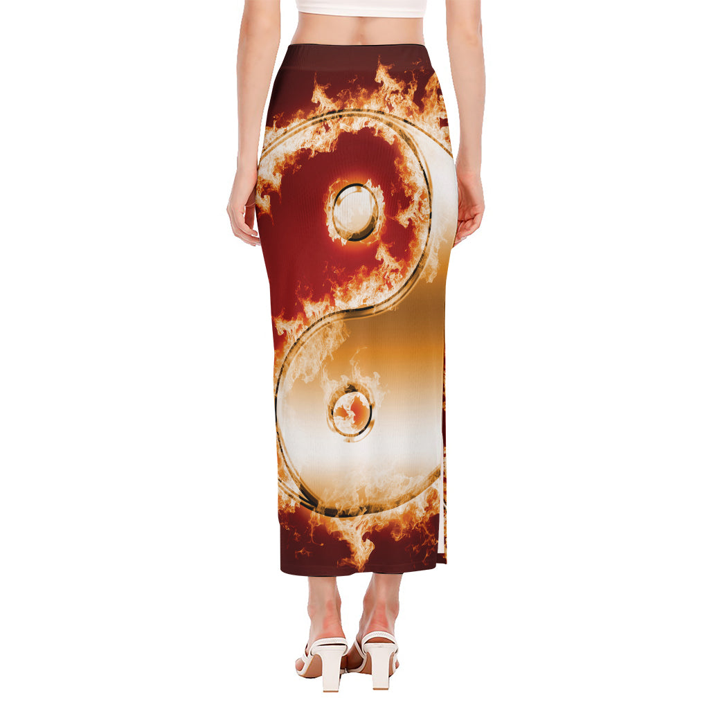 Flaming Yin Yang Print Side Slit Maxi Skirt