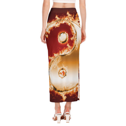 Flaming Yin Yang Print Side Slit Maxi Skirt